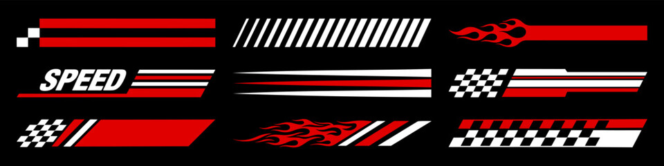 Racing cars and race car stripes set. Checkered flag, motocross labels, dynamic lines, motorsport, racing stripe speed, sport decals, tuning stickers