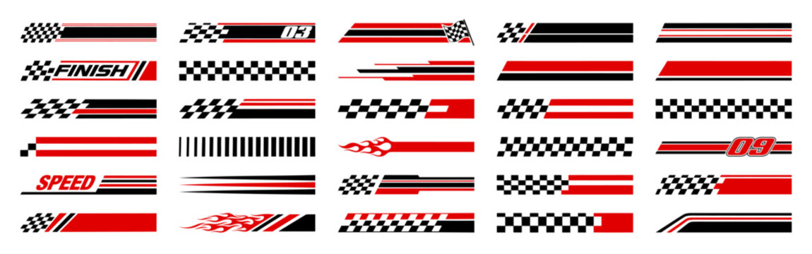 Racing cars and race car stripes set. Checkered flag, motocross labels, dynamic lines, motorsport, racing stripe speed, sport decals, tuning stickers