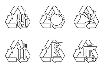 Recycling symbol with signs of adjusting, control, plant, food and trash container, economy or budget.