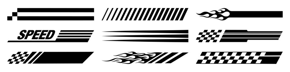 Racing cars and race car stripes set. Checkered flag, motocross labels, dynamic lines, motorsport, racing stripe speed, sport decals, tuning stickers