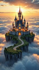 Fototapeta premium Majestic fantasy castle perched on a floating island amidst a sea of clouds during a golden sunset