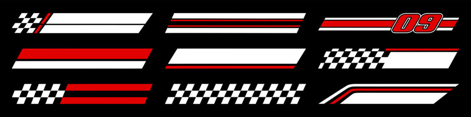 Racing cars and race car stripes set. Checkered flag, motocross labels, dynamic lines, motorsport, racing stripe speed, sport decals, tuning stickers