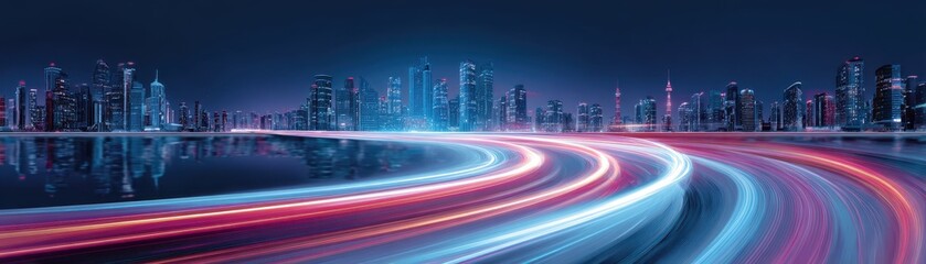 Urban skyline at night with illuminated buildings and light trails on a waterway, creating a vibrant, dynamic atmosphere.