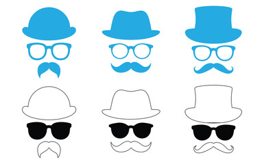 Mustache and Glasses with hat icon set. vector Illustration.Set mustache, hats, glasses,Collection of hipster style icons with hats, glasses, and mustaches