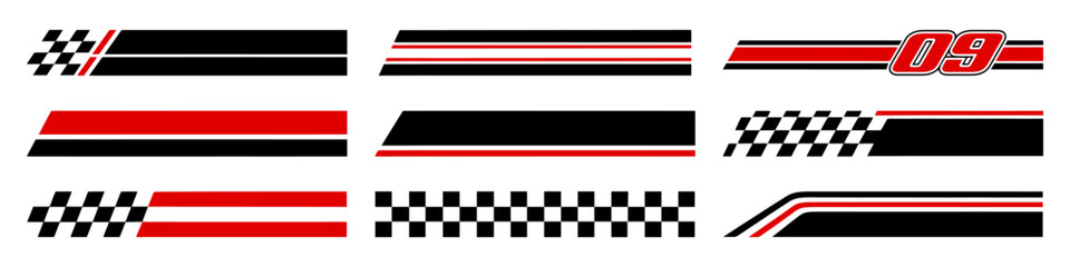 Racing cars and race car stripes set. Checkered flag, motocross labels, dynamic lines, motorsport, racing stripe speed, sport decals, tuning stickers