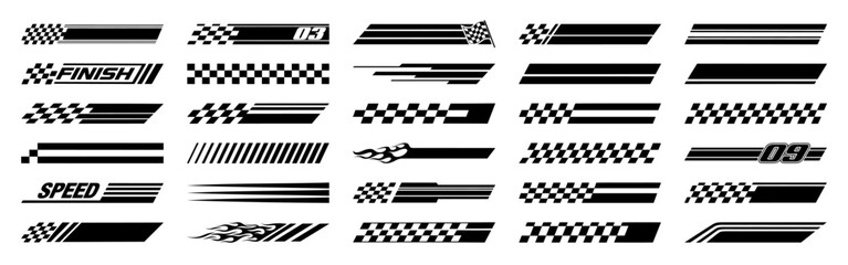 Racing cars and race car stripes set. Checkered flag, motocross labels, dynamic lines, motorsport, racing stripe speed, sport decals, tuning stickers