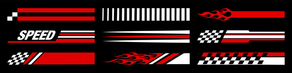 Racing cars and race car stripes set. Checkered flag, motocross labels, dynamic lines, motorsport, racing stripe speed, sport decals, tuning stickers