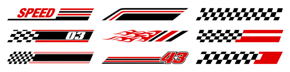 Racing cars and race car stripes set. Checkered flag, motocross labels, dynamic lines, motorsport, racing stripe speed, sport decals, tuning stickers