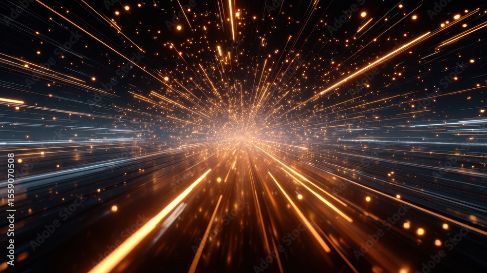 Aufkleber Expansive motion with glowing lines and particles creates a dynamic sense of speed and energy in a dark background.