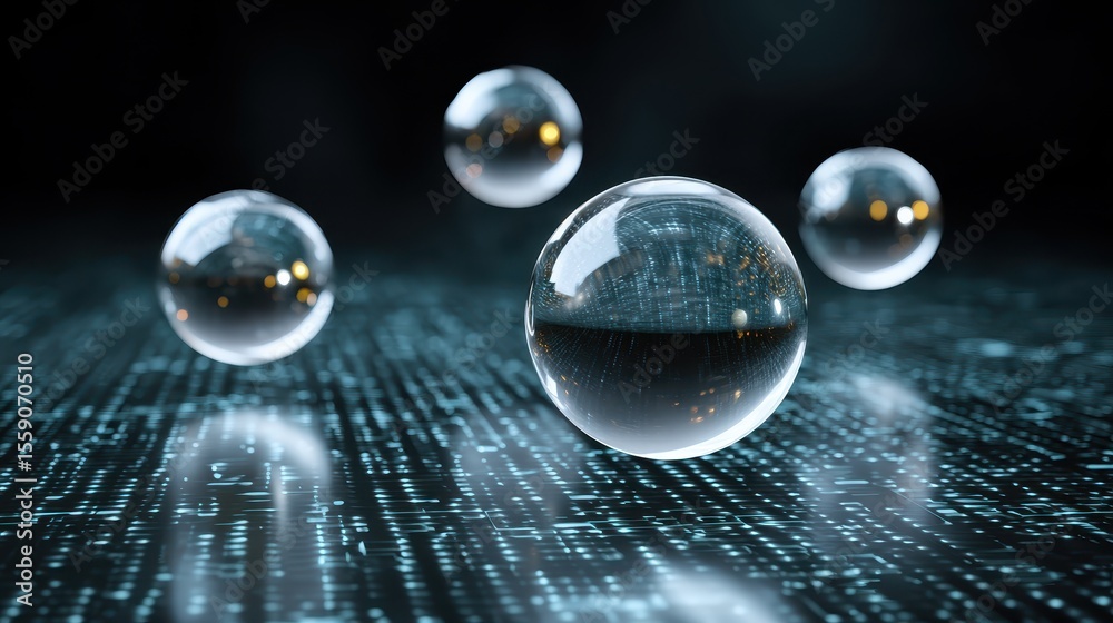 Aufkleber Floating transparent spheres reflect lights against a digital backdrop, creating a futuristic and abstract visual effect.