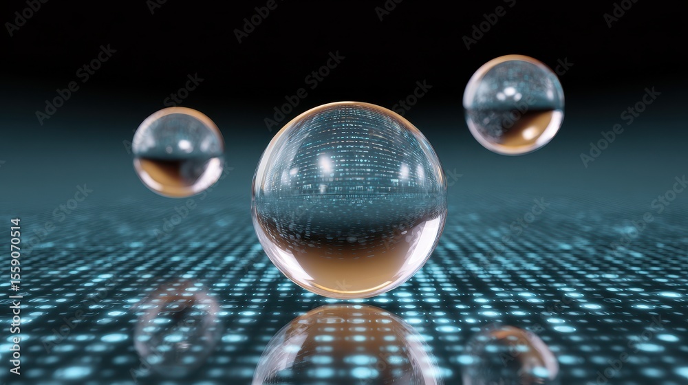 Aufkleber Floating glass-like spheres in a digital landscape create a visually striking, futuristic scene with reflections and depth.