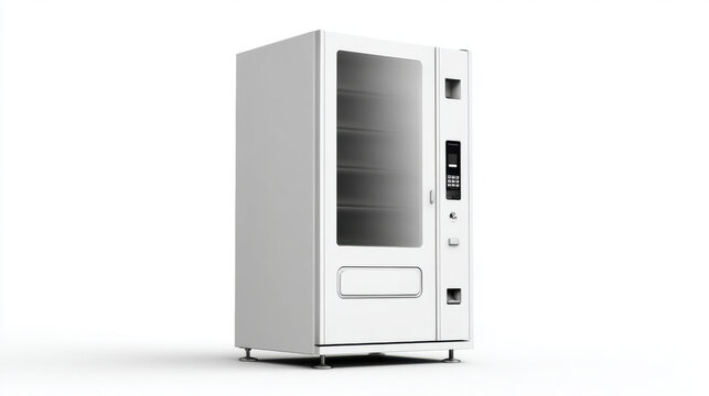 Empty white vender machine mockup 3d isolated on white background. blank screen. 3 side view. 3d illustration. 3d vender machine mockup.