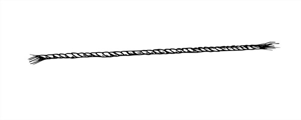 Monochrome piece of straight twisted rope with frayed ends vector illustration painted by black inks. Etching drawing of hemp rope for nautical decor, rustic packaging, and craft projects. © Masha_tolk_art