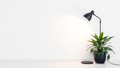 Sleek black floor lamp illuminates a verdant potted plant against a stark white wall,  shadow,  contrast