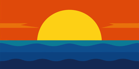 Yellow Sun Setting Beautiful Sunset Over Ocean