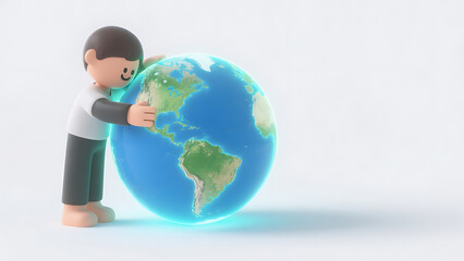 3D rendered cartoon boy lovingly embracing a glowing Earth globe, environmental conservation and global protection concept illustration copy space