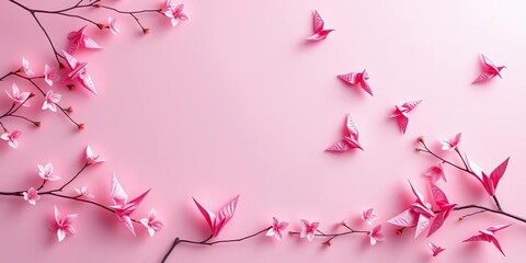 Soft pink banner adorned with delicate origami birds, bird, japanese