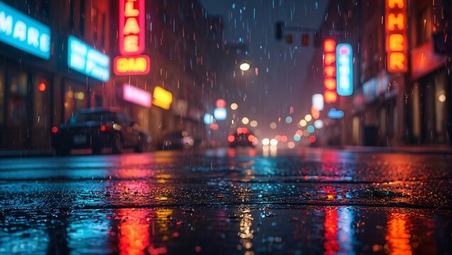 Fototapeta Rainy city street at night with vibrant neon signs reflecting on wet pavement and falling raindrops