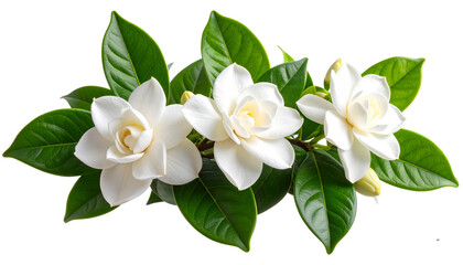 Side View of Gardenia Shrub Branch with Multiple White Flowers and Leaves, Isolated on Transparent Background