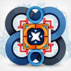Abstract geometric design with interlocking circles and architectural blueprint background