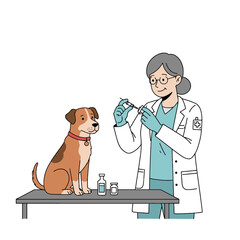 Vet preparing a shot for a brown  white dog on a gray exam table with medicine bottles