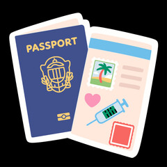 Passport and vaccine card are displayed on a black background