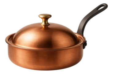A copper saute pan with a domed lid, suitable for evenly cooking dishes on a gas range.