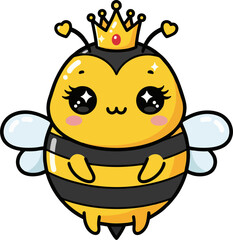 Adorable Cartoon Queen Bee with Crown and Sparkly Eyes – Cute Vector Illustration for Kids