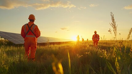 Sustainable green energy installation. Technicians in orange uniform and hardhats working with solar panels on the energy farm