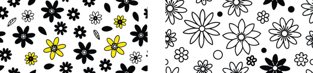 Vector art of a simple and elegant seamless floral pattern in black, white, and yellow isolated on transparent background