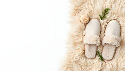 Cozy indoor scene featuring soft plush slippers on a fluffy rug, surrounded by decorative elements like a natural ornament and greenery, creating a warm atmosphere for relaxation