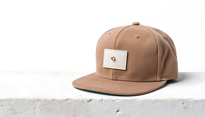 Stylish beige baseball cap with a textured fabric design and a prominent label, resting on a concrete surface, showcasing modern headwear fashion and accessories