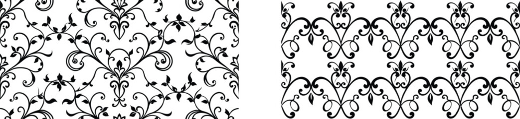 Vector art of two elegant black and white floral patterns isolated on transparent background, perfect for vintage design projects