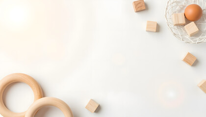 Wooden toys including rings and blocks are arranged on a soft white background, creating a serene atmosphere ideal for children's play and development concepts