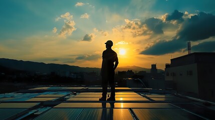 Fototapeta premium Technology solar cell, Engineer service check installation solar cell on the roof of factory on the morning. Silhouette technician inspection and repair solar cell on the roof of factory