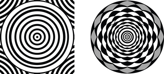 Vector art of two captivating black and white optical illusion circles isolated on transparent background, creating a mesmerizing effect