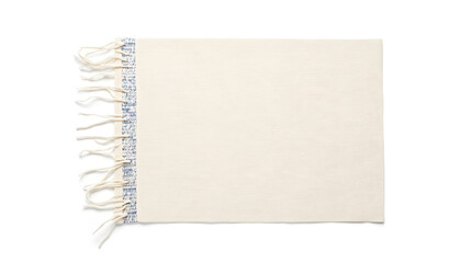 Soft beige textile with decorative blue fringe edges, showcasing intricate weaving patterns, ideal for home decor, table settings, or creative design projects