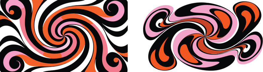 Vector art of two dynamic swirling patterns in orange, pink, and black isolated on transparent background, evoking a retro vibe