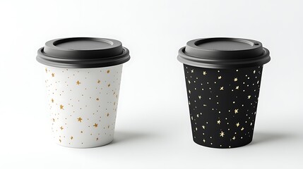 Two coffee cups stand with golden stars against a plain white studio background