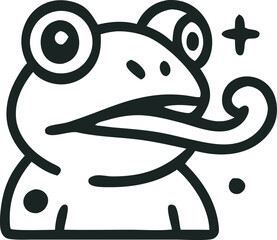 Playful frog illustration with protruding tongue and whimsical eye details, set against a plain backdrop for clarity and focus