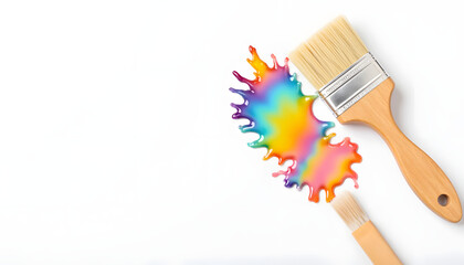 Paintbrushes with vibrant rainbow paint splash on a clean white background, showcasing artistic tools and colorful creativity for design projects and artistic expression