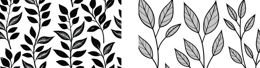 Vector art of set of seamless black and gray leaves and branches vector patterns, isolated on transparent background