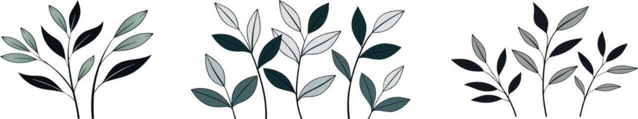 Vector art of set of simple black and gray leaves and branches vector illustrations, isolated on transparent background
