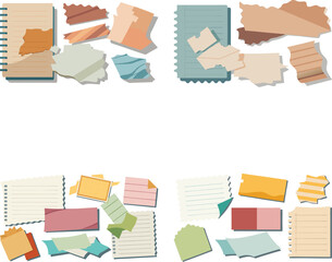 Vector art of various torn paper scraps and notebook pages, isolated on transparent background