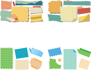 Vector art of torn paper notes isolated on transparent background, a colorful collection of scrap pieces