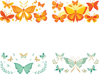 Vector art of two horizontal arrangements of orange and teal butterflies, with smaller butterflies surrounding them, isolated on transparent background