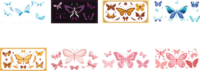 Vector art of four different arrangements of colorful butterflies, some in frames, isolated on transparent background