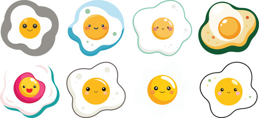 Vector art of a collection of eight cute cartoon fried eggs, each with a unique design and happy expression, isolated on transparent background
