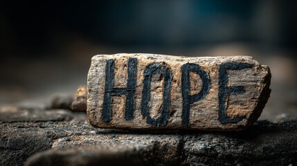 A close-up of a wooden block with the word "HOPE" hand-painted in bold black letters. Symbolizing optimism and faith in difficult circumstances. Inspirational and encouragement.
