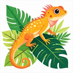 Fototapeta premium Orange Lizard Among Lush Green Tropical Leaves